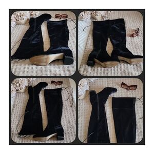 Michael Kors Knee-High Velvet Boots Black Chain Heel Block Heel Size 7